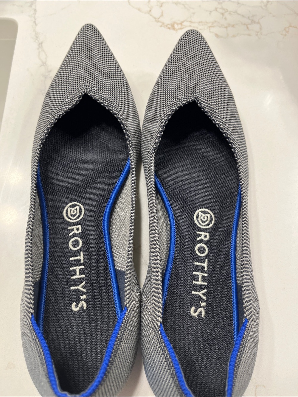 Rothy's Pointed Knit Flats in Gray with Blue Trim